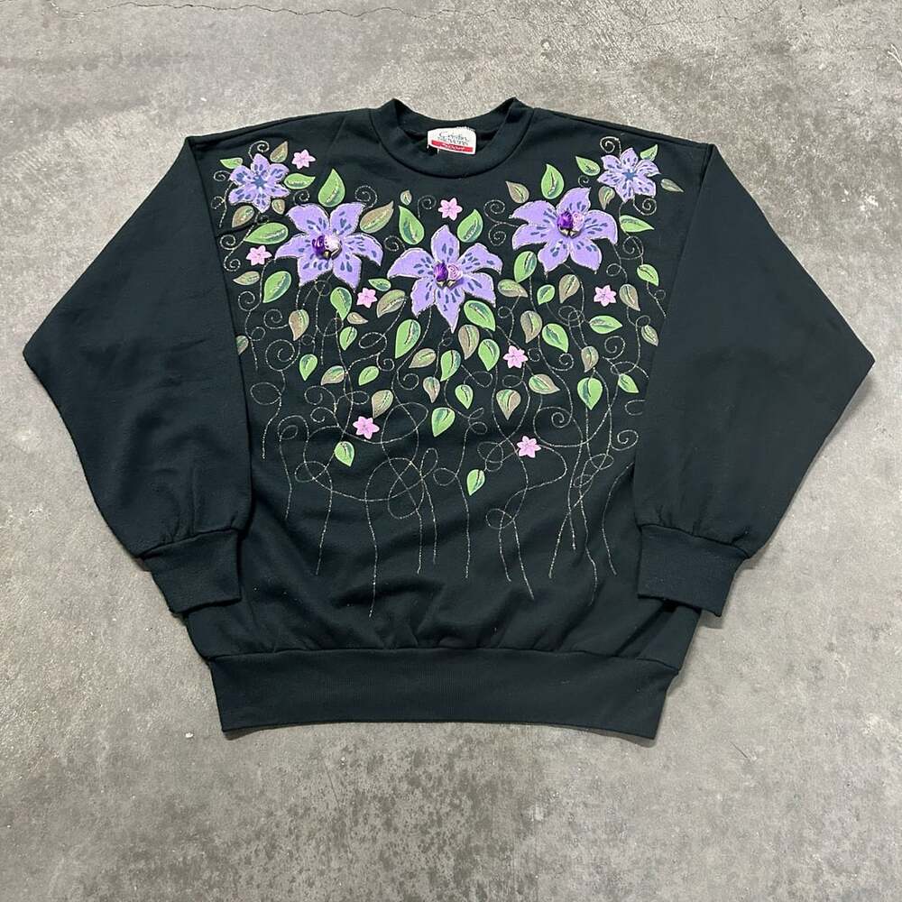 Cristin Stevens Sport Sweatshirt Size Medium Black Floral Graphic 90s